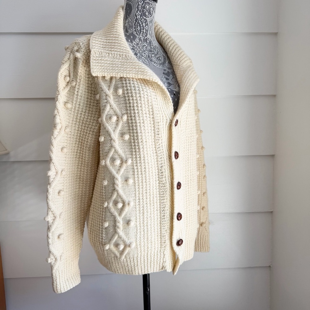 Vintage Cable Knit Cardigan Sweater with Wooden Buttons - Picture 2 of 6